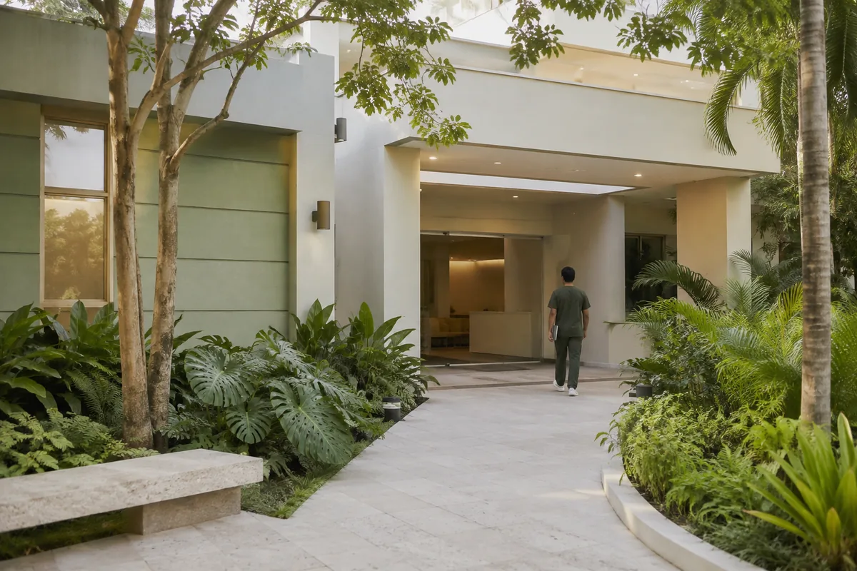 Modern medical clinic entrance in Colombia surrounded by tropical greenery, a staff member walking toward the door