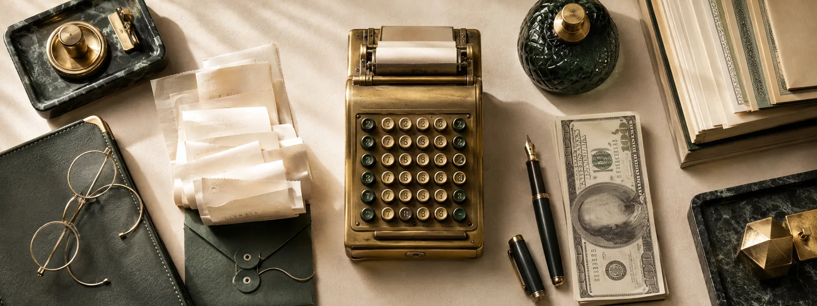Ledger desk flat lay — vintage brass adding machine, paper receipts, fountain pen and a stack of dollar bills on cream paper