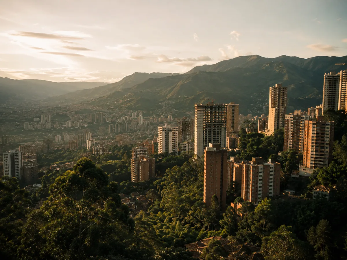 Medellín, Colombia at golden hour — high-rises among green mountains seen from El Poblado
